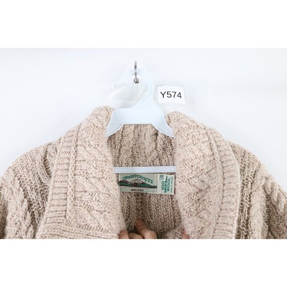 Vintage 90s Womens Small Chunky Donegal Wool Knit Fisherman Poncho Sweater Beige - Picture 6 of 9